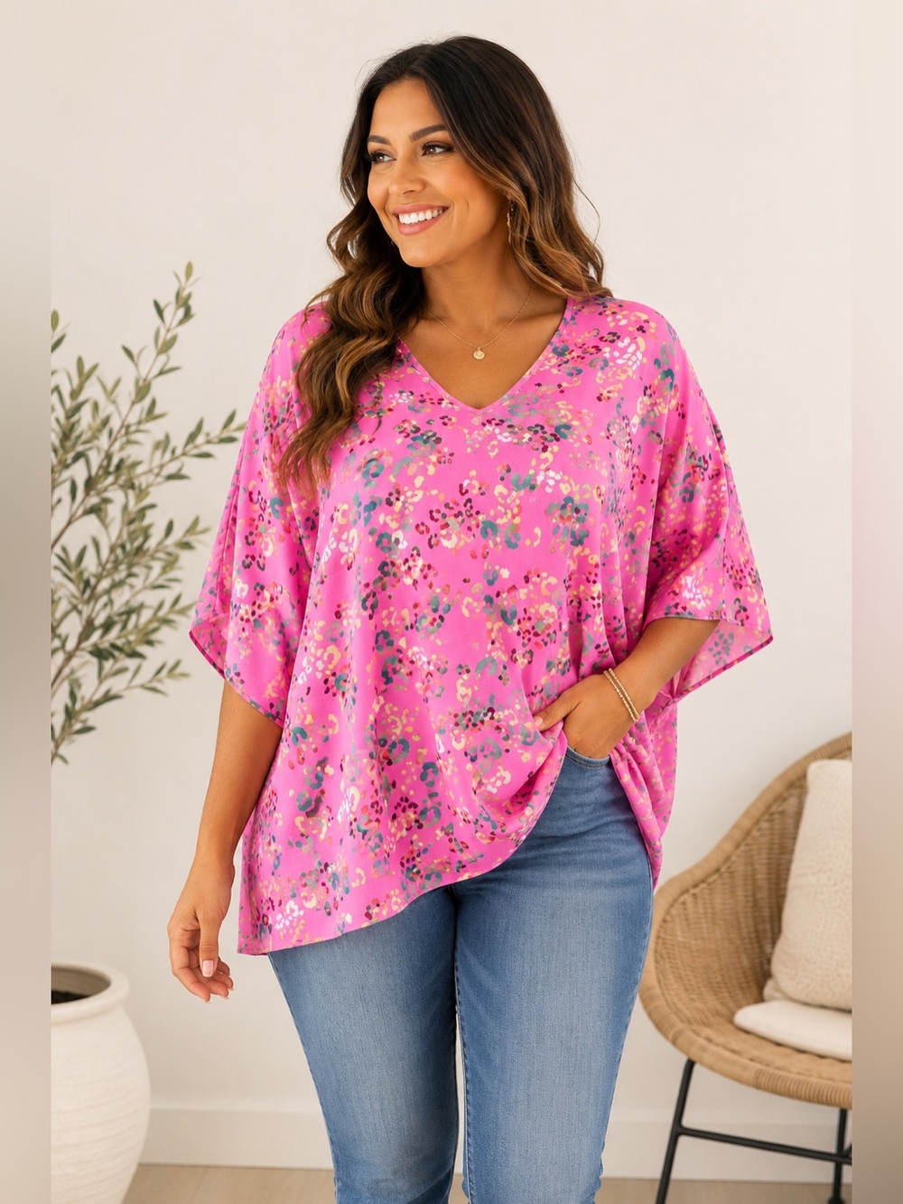 Spin V-Neck Animal Print Oversized Blouse